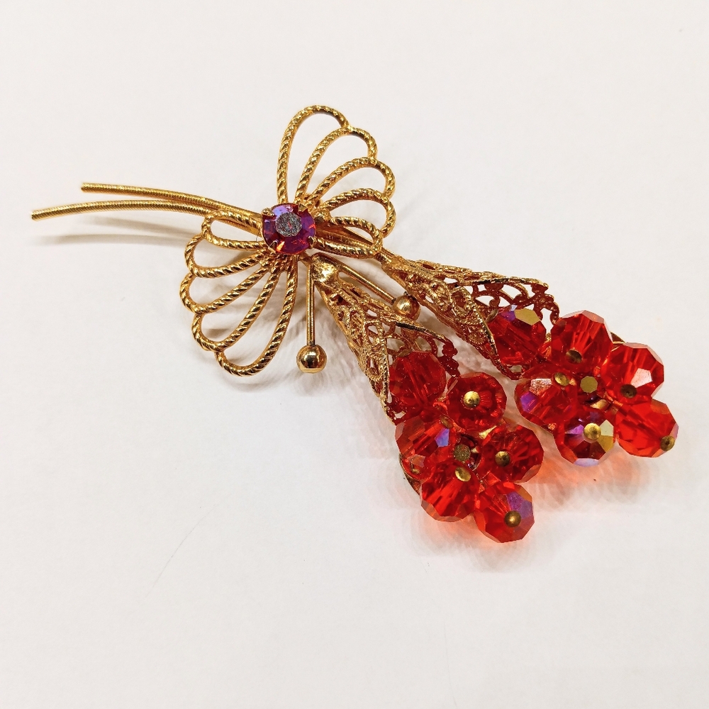 Vintage Long 3 3/8 Orange Crystal Brooch